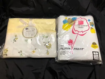 Vintage Sheets Flat Fitted Harmony House Sears Full Cottage Yellow Floral White • $12.99