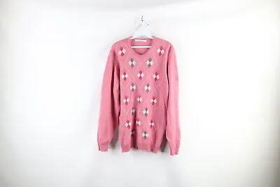 Vintage 90s Streetwear Mens Large Scottish Wool Knit Argyle Diamond Sweater Pink • $49.95