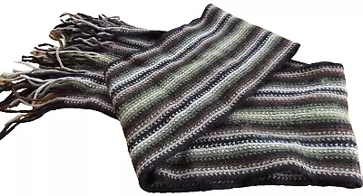 Mens SCARF Wool XLong Striped Long Fringed Green Brown Multi 100 X 9ins VGC • £9.99