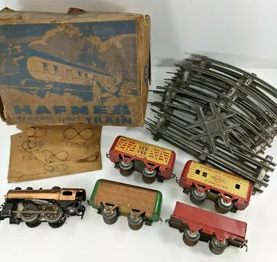 Hafner Prewar Train Set Copper Wind Up Engine Boiler Overland Caboose Box Rails • $550