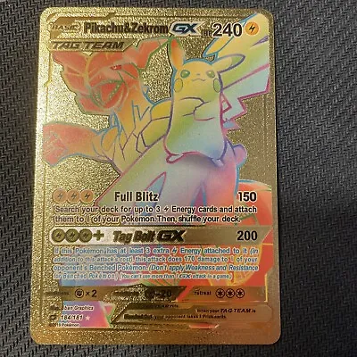 $0.99 • Buy Rare Rainbow Tag Team Pikachu & Zekrom Gx Gold Foil Pokemon Cardz W/ Toploader