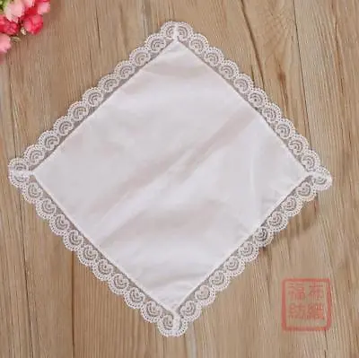 Women White 100% Cotton Handkerchiefs Hanky Lace Edge Pocket Square 25*25cm • £2.39