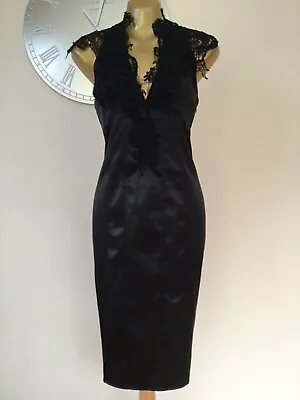 💕karen Millen - 14/12 Uk Vintage Black Satin & Lace Fishtail Pencil Dress Bnwt • $110.97