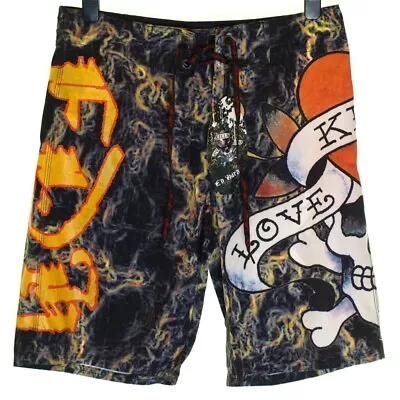 Bnwt Men's Authentic Ed Hardy Board Swim Surf Shorts Smoking Love New Black • £31.99