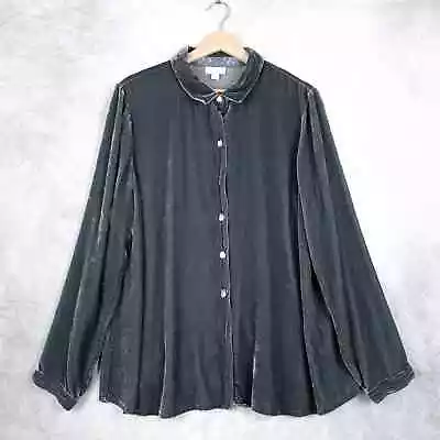 J Jill Velvet Top Womens Large Gray Relaxed Button Up Collared Flowy Shirt • $28.88