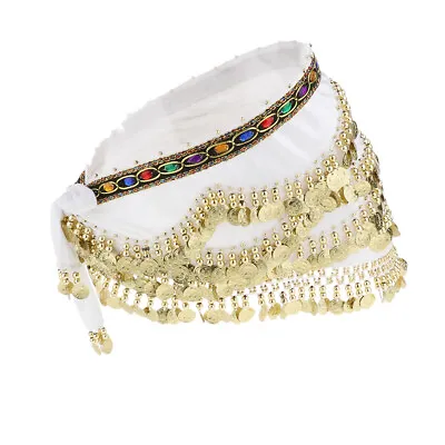 Velvet Dangling Gold Coins Belly Dancing Hip Skirt Scarf Wrap Belt White • £12.52