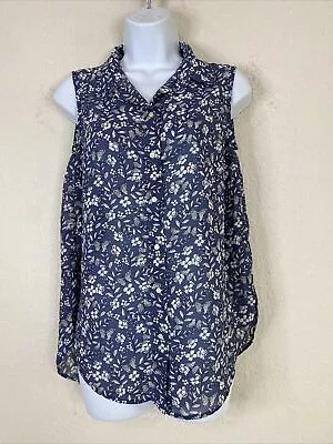 H&M Womens Size 2 Blue Floral Butterfly Button Front Blouse Sleeveless • $6.32