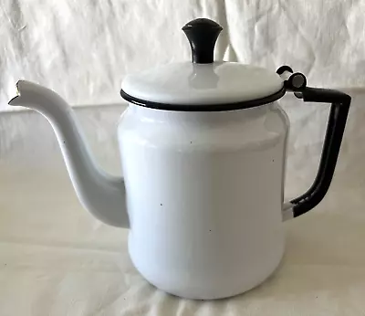 Vintage Enamelware Kettle Teapot  White With Black Trim 7 X9½  • $19.99