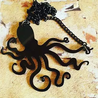 Cool BLACK OCTOPUS NECKLACE Acrylic PENDANT Laser Cut COOL Large STATEMENT Gift • £9.99