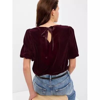 NEW Gap Velvet Puff Short Sleeve Top Size Medium Dark Maroon Tie Back Blouse • $29.99