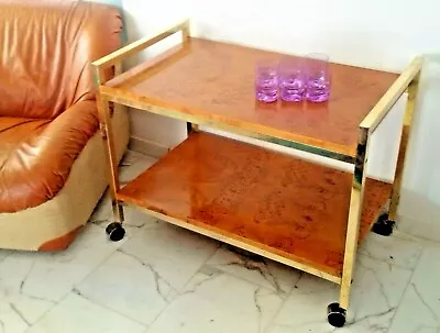 1970s Brass Burl Wood Bar Cart Side Table Milo Baughman Style Hollywood Regency • $2250