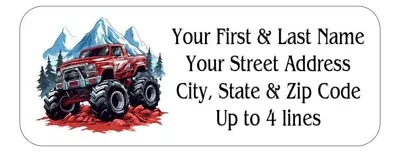 150  Red Monster Truck Mountains  Return Address Labels Personalized Printed • $7.99