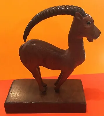 Original Hand-Carved WOOD Statue ~ IBEX GOAT ~ 8” X 9” With LONG Horns! • $75