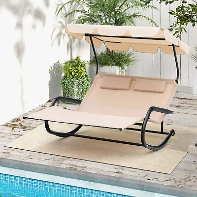Outdoor 2-Person Double Rocking Chaise Lounge Swing Hammock Bed W/Canopy Pillows • £119.95
