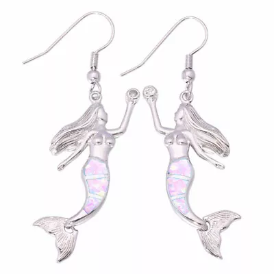 Fashion Mermaid Silver Pink Simulated Opal Women Long Drop Earrings Jewelry • $0.45