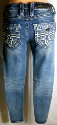 ROCK REVIVAL AALA Dark Skinny Mid Faux Flap Open Leather Inlay Jean Size 24 EUC  • $27.29