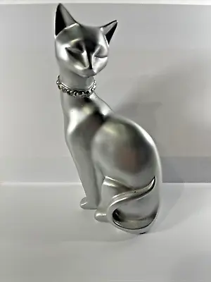 Vintage RARE COLOR SILVER Cat Figurine Rhinestone Collar Seymour Mann 8” • $32.49