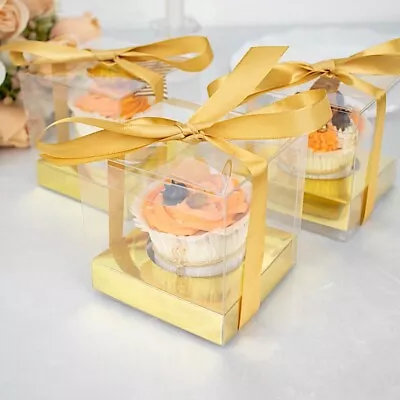 CLEAR GOLD 12 Square 3.5  Mini Cupcake BOXES Favor Holders Ribbons Party Events • $6.89