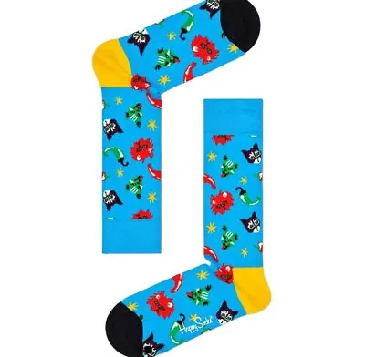 HAPPY SOCKS Men's Blue Combed Cotton Chili Cat Crew Sock Size 8-12 NWT • $8