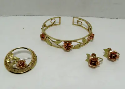 Vintage Krementz Gold Rose Tone Jewelry Suite Bracelet Earring & Brooch Set • $89.99