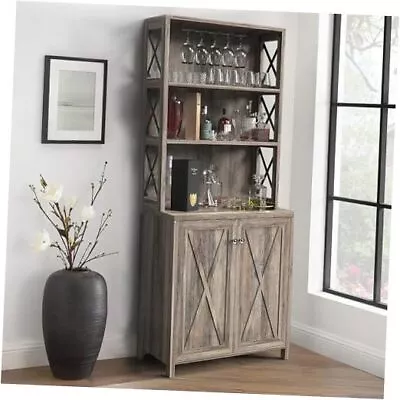  Kitchen Pantry Cabinet Storage Hutch With Microwave Rustic Grey Wash Farmhouse • $254.73