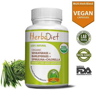$25.98 • Buy Organic Spirulina Chlorella Wheatgrass Barleygrass 240 Capsules Energy Booster