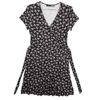 Rebel Sugar Dress Womens Large Black Floral Cap Sleeve V Neck Waist Tie Mini • $7.02