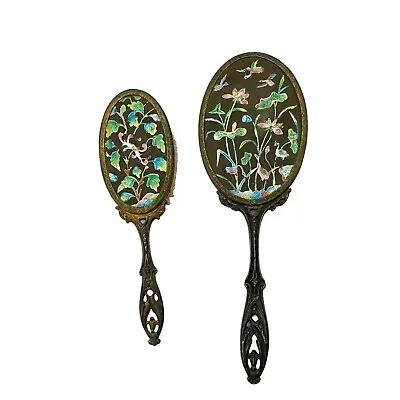 Antique Bronze Enamel Vanity Hand Mirror Hairbrush Art Nouveau Vanity Set • $199