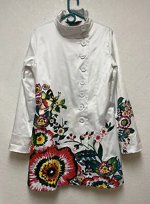 $175 • Buy Desigual White Floral Print Satin Long Coat Jacket Sz 44 US 14 Read Description
