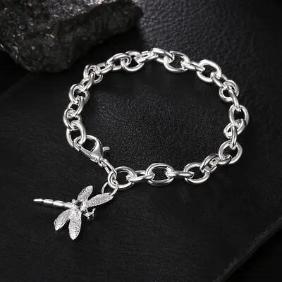 Womens 925 Sterling Silver Filled Dragonfly Dangle Charm Bracelet Bangle Jewelry • $6.99