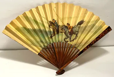 Vintage Bamboo & Paper Hand Fan ~ Horse Riding Boy & Girl • $8.99