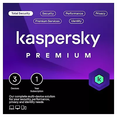Kaspersky Premium Total Security 2024 VPN 3 PC Devices 1 Year (CARD BY POST) • £24.95