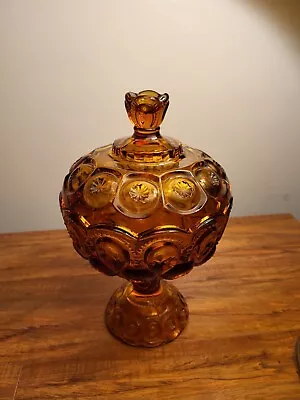 Vintage L.E. Smith Amber Moon And Stars Large 10  Compote ~ Candy Dish W/Lid • $20.50