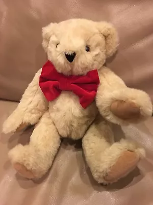 Vermont Teddy Bear 15” Tan Beige Cream Plush Fully Jointed Red Bow Christmas • $32.99