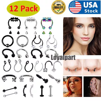 12PCS Nose Hoop Rings L Shaped Pin Studs 20G Surgical Steel Piercing Jewelry Set • $4.95