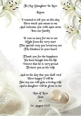 Wedding Day Gift To My Daughter In Law Poem A4 Photo • £4.39