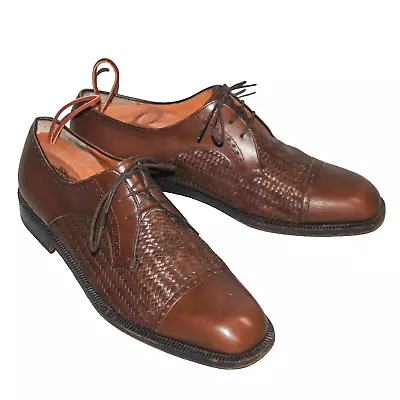 SALVATORE FERRAGAMO Men's 9.5D Brown Woven Leather Cap Toe Oxford Lace Shoes • $79.95