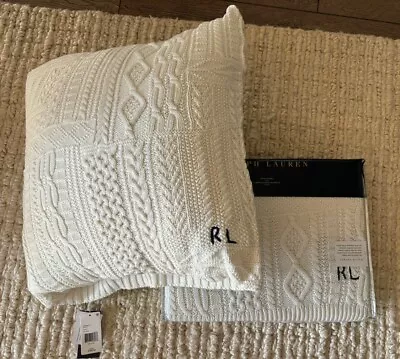 $540 Ralph Lauren Cream Cotton RL Bradbury Cable Throw Blanket & Deco Pillow Set • £144.76