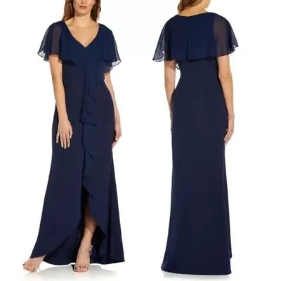 Adrianna Papell Navy Chiffon Overlay Ruffle Crepe Mermaid Gown Size 4 NEW • $120