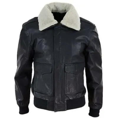 Air Force 1 Genuine Leather Jacket Pilot Bomber Fur Collar Casual Black For Men  • $119.99