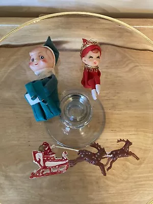 Vintage 2 Rubber Face Pixie Elves & Santa Claus With Sleigh • $8.95