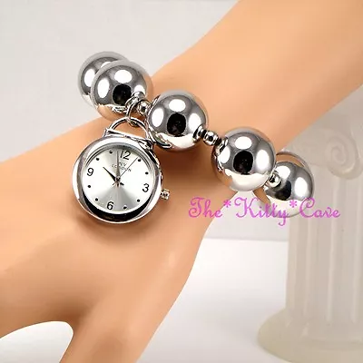 £24.99 • Buy Designer Silver Big Chunky Ball Beads Boho Stretch Bracelet Charm Pendant Watch