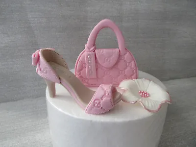 Edible Handmade Shoe Handbag Flower Fondant Sugar Cake Topper (Pastel Pink) • £26.99