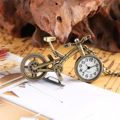 Vintage Bike Bicycle Mens Quartz Pocket Watch Pendant Analog Necklace Chain • $4.59