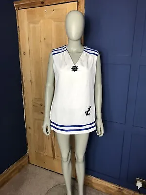 Vintage 1970’s White & Blue Sailor Style Tunic Top Mini Dress Size 10/12 • £19.99