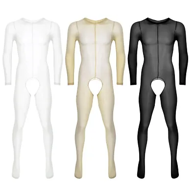 Mens Lingerie Bodysuit Crotchless Footed Long Sleeve Jumpsuit Full Body Stocking • £8.69