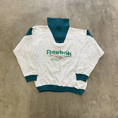 £30 • Buy Reebok Sweatshirt Half Zip 90s Vintage Jumper, Grey Green, Mens Small