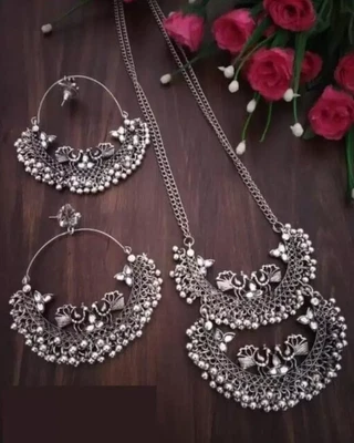 $15.29 • Buy Silver Oxidized Indian Style Bollywood Long Necklace Choker Jhumka Earrings Set