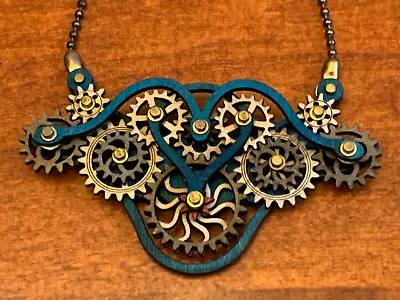 Teal Tan Kinetic Winged Gear Steampunk Wooden Necklace Pendant Costume 6004F • $33