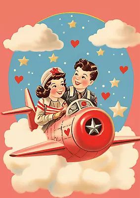 Vintage Retro UP UP & AWAY Valentine In Plane 7x10 Quilt Or Cotton Fabric Block • $14.80